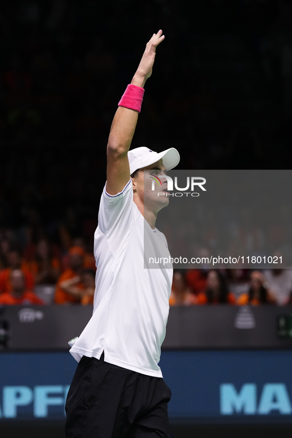 MALAGA, SPAIN - NOVEMBER 22: Daniel Altamaier of Team Germany celebrates a point during his singles match against Botic van de Zandschulp of...