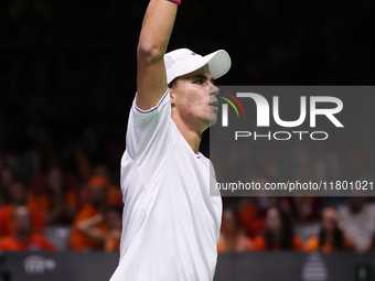 MALAGA, SPAIN - NOVEMBER 22: Daniel Altamaier of Team Germany celebrates a point during his singles match against Botic van de Zandschulp of...