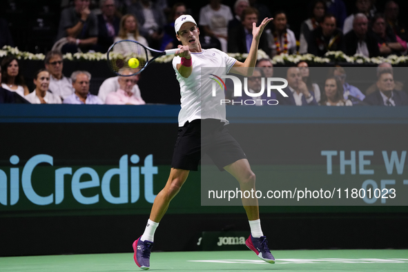 MALAGA, SPAIN - NOVEMBER 22: Daniel Altamaier of Team Germany during his singles match against Botic van de Zandschulp of Team Netherlands d...