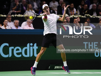 MALAGA, SPAIN - NOVEMBER 22: Daniel Altamaier of Team Germany during his singles match against Botic van de Zandschulp of Team Netherlands d...