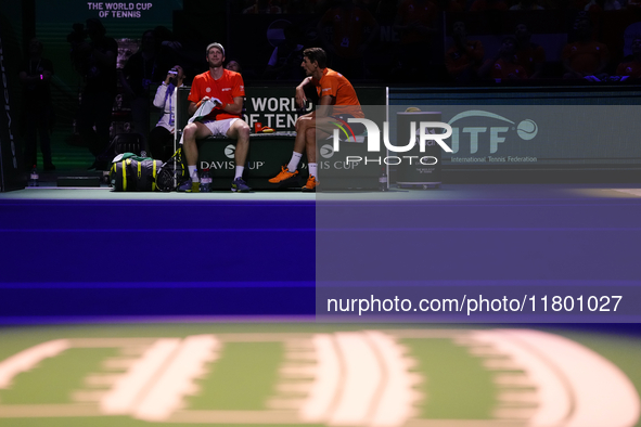 MALAGA, SPAIN - NOVEMBER 22: Botic van de Zandschulp of Team Netherlands and captain Paul Haarhuis during his singles match against Daniel A...