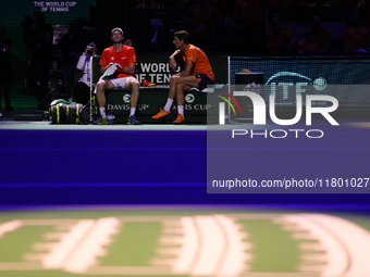 MALAGA, SPAIN - NOVEMBER 22: Botic van de Zandschulp of Team Netherlands and captain Paul Haarhuis during his singles match against Daniel A...