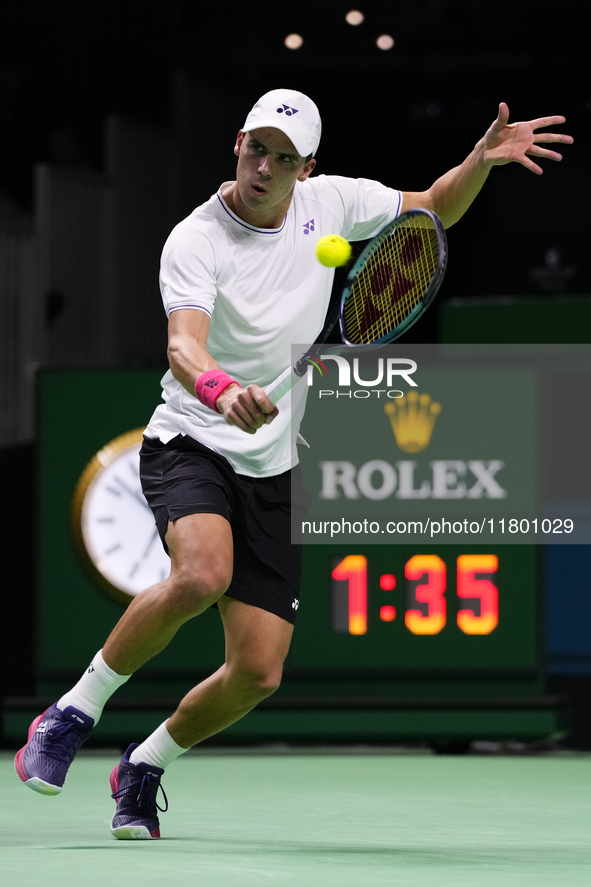 MALAGA, SPAIN - NOVEMBER 22: Daniel Altamaier of Team Germany celebrates a point during his singles match against Botic van de Zandschulp of...