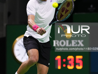 MALAGA, SPAIN - NOVEMBER 22: Daniel Altamaier of Team Germany celebrates a point during his singles match against Botic van de Zandschulp of...