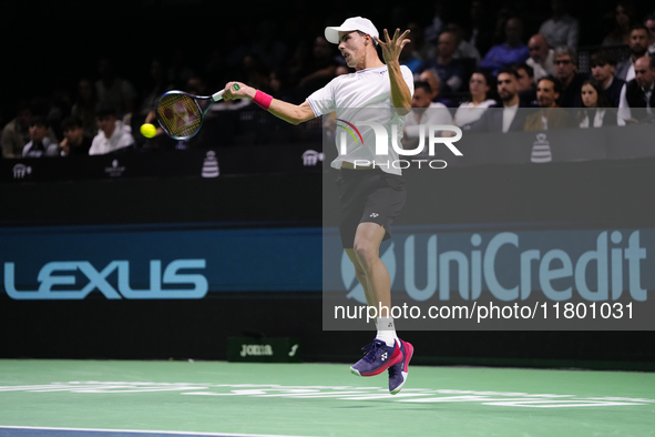 MALAGA, SPAIN - NOVEMBER 22: Daniel Altamaier of Team Germany celebrates a point during his singles match against Botic van de Zandschulp of...