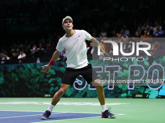 MALAGA, SPAIN - NOVEMBER 22: Daniel Altamaier of Team Germany celebrates a point during his singles match against Botic van de Zandschulp of...