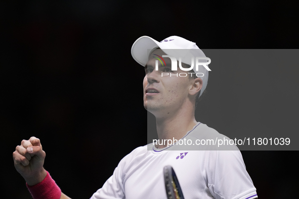 MALAGA, SPAIN - NOVEMBER 22: Daniel Altamaier of Team Germany celebrates a point during his singles match against Botic van de Zandschulp of...