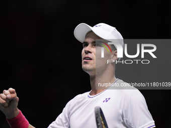 MALAGA, SPAIN - NOVEMBER 22: Daniel Altamaier of Team Germany celebrates a point during his singles match against Botic van de Zandschulp of...