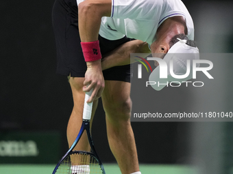 MALAGA, SPAIN - NOVEMBER 22: Daniel Altamaier of Team Germany injured during his singles match against Botic van de Zandschulp of Team Nethe...