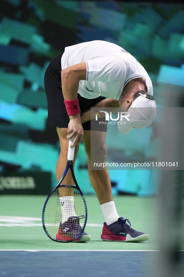 MALAGA, SPAIN - NOVEMBER 22: Daniel Altamaier of Team Germany injured during his singles match against Botic van de Zandschulp of Team Nethe...