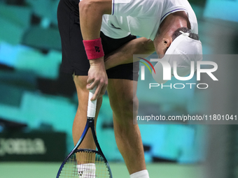 MALAGA, SPAIN - NOVEMBER 22: Daniel Altamaier of Team Germany injured during his singles match against Botic van de Zandschulp of Team Nethe...