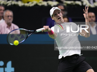 MALAGA, SPAIN - NOVEMBER 22: Daniel Altamaier of Team Germany during his singles match against Botic van de Zandschulp of Team Netherlands d...