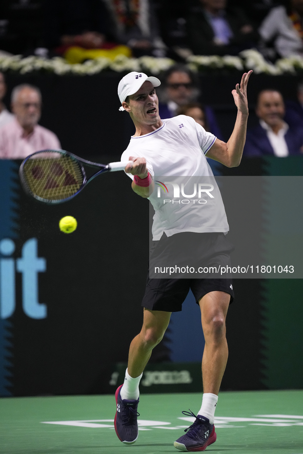 MALAGA, SPAIN - NOVEMBER 22: Daniel Altamaier of Team Germany during his singles match against Botic van de Zandschulp of Team Netherlands d...