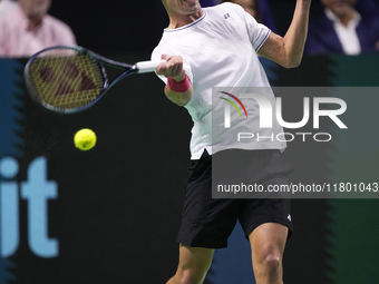 MALAGA, SPAIN - NOVEMBER 22: Daniel Altamaier of Team Germany during his singles match against Botic van de Zandschulp of Team Netherlands d...