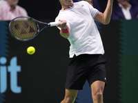 MALAGA, SPAIN - NOVEMBER 22: Daniel Altamaier of Team Germany during his singles match against Botic van de Zandschulp of Team Netherlands d...