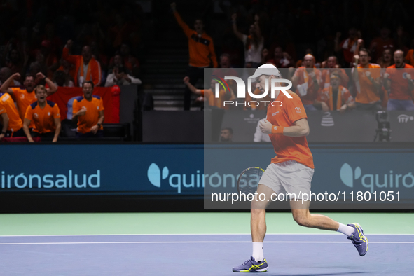 MALAGA, SPAIN - NOVEMBER 22: Botic van de Zandschulp of Team Netherlands celebrates a point during his singles match against Daniel Altamaie...