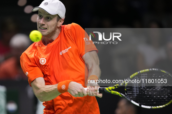 MALAGA, SPAIN - NOVEMBER 22: Botic van de Zandschulp of Team Netherlands during his singles match against Daniel Altamaier of Team Germany d...