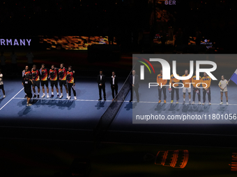 MALAGA, SPAIN - NOVEMBER 22: Both teams pose prior the Semi-Final tie between Germany and Netherlands during the Davis Cup Final at Palacio...