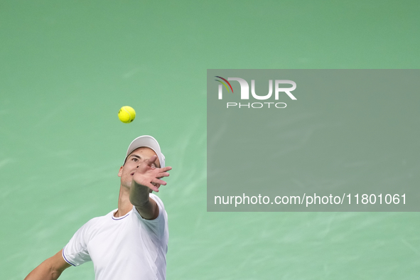 MALAGA, SPAIN - NOVEMBER 22: Daniel Altamaier of Team Germany during his singles match against Botic van de Zandschulp of Team Netherlands d...