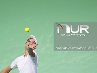 MALAGA, SPAIN - NOVEMBER 22: Daniel Altamaier of Team Germany during his singles match against Botic van de Zandschulp of Team Netherlands d...