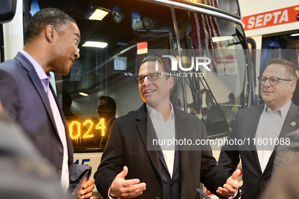 Governor Shapiro mingles with SEPTA employees and representatives after announcing $153 million to circumvent the imminent proposed fare mod...