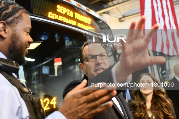 Governor Shapiro mingles with SEPTA employees and representatives after announcing $153 million to circumvent the imminent proposed fare mod...