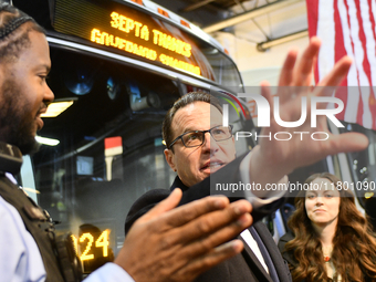 Governor Shapiro mingles with SEPTA employees and representatives after announcing $153 million to circumvent the imminent proposed fare mod...