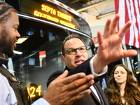 Governor Shapiro mingles with SEPTA employees and representatives after announcing $153 million to circumvent the imminent proposed fare mod...