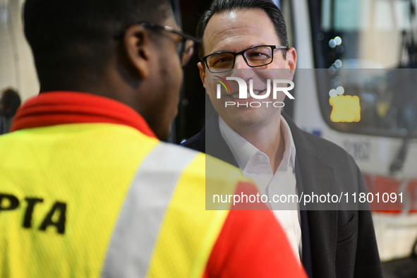 Governor Shapiro mingles with SEPTA employees and representatives after announcing $153 million to circumvent the imminent proposed fare mod...