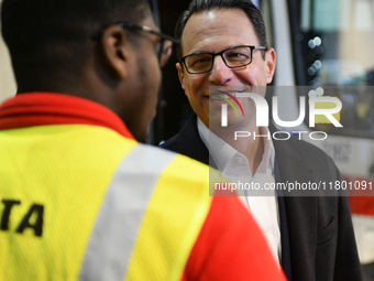 Governor Shapiro mingles with SEPTA employees and representatives after announcing $153 million to circumvent the imminent proposed fare mod...