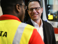 Governor Shapiro mingles with SEPTA employees and representatives after announcing $153 million to circumvent the imminent proposed fare mod...