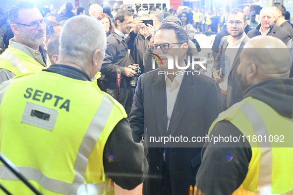 Governor Shapiro mingles with SEPTA employees and representatives after announcing $153 million to circumvent the imminent proposed fare mod...