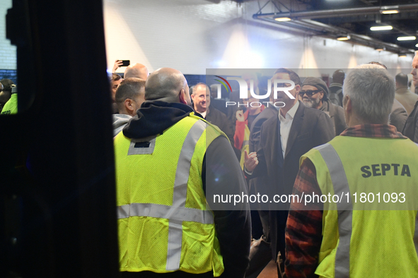 Governor Shapiro mingles with SEPTA employees and representatives after announcing $153 million to circumvent the imminent proposed fare mod...