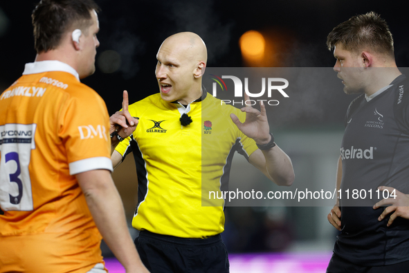 George Selwood (Referee) gives his orders during the Premiership Cup Group A match between Newcastle Falcons and Sale FC at Kingston Park in...