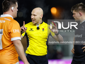 George Selwood (Referee) gives his orders during the Premiership Cup Group A match between Newcastle Falcons and Sale FC at Kingston Park in...