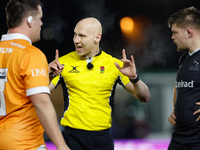 George Selwood (Referee) gives his orders during the Premiership Cup Group A match between Newcastle Falcons and Sale FC at Kingston Park in...