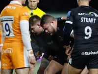 Murray McCallum of Newcastle Falcons prepares to pack down during the Premiership Cup Group A match between Newcastle Falcons and Sale FC at...