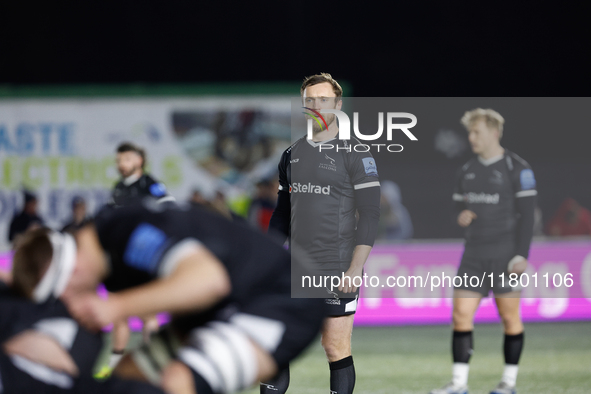 Brett Connon of Newcastle Falcons waits behind a scrum during the Premiership Cup Group A match between Newcastle Falcons and Sale FC at Kin...