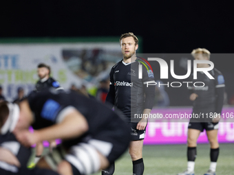 Brett Connon of Newcastle Falcons waits behind a scrum during the Premiership Cup Group A match between Newcastle Falcons and Sale FC at Kin...