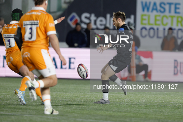 Brett Connon of Newcastle Falcons looks to kick ahead during the Premiership Cup Group A match between Newcastle Falcons and Sale FC at King...