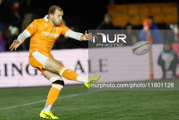 Will Addison of Sale Sharks kicks during the Premiership Cup Group A match between Newcastle Falcons and Sale FC at Kingston Park in Newcast...