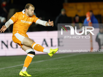 Will Addison of Sale Sharks kicks during the Premiership Cup Group A match between Newcastle Falcons and Sale FC at Kingston Park in Newcast...