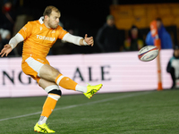 Will Addison of Sale Sharks kicks during the Premiership Cup Group A match between Newcastle Falcons and Sale FC at Kingston Park in Newcast...