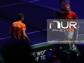 MALAGA, SPAIN - NOVEMBER 22: Tallon Griekspoor of Team Netherlands celebrates a point during his singles match against Jan-Lennard Struff of...