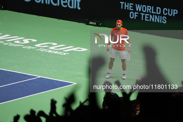 MALAGA, SPAIN - NOVEMBER 22: Tallon Griekspoor of Team Netherlands celebrates a point during his singles match against Jan-Lennard Struff of...