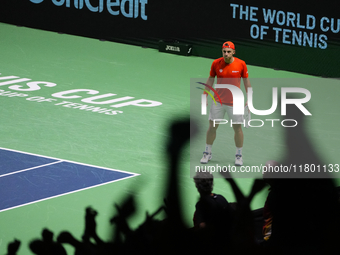 MALAGA, SPAIN - NOVEMBER 22: Tallon Griekspoor of Team Netherlands celebrates a point during his singles match against Jan-Lennard Struff of...