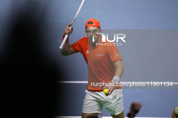 MALAGA, SPAIN - NOVEMBER 22: Tallon Griekspoor of Team Netherlands celebrates a point during his singles match against Jan-Lennard Struff of...