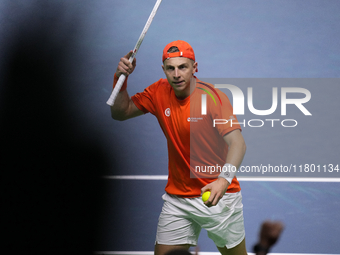 MALAGA, SPAIN - NOVEMBER 22: Tallon Griekspoor of Team Netherlands celebrates a point during his singles match against Jan-Lennard Struff of...