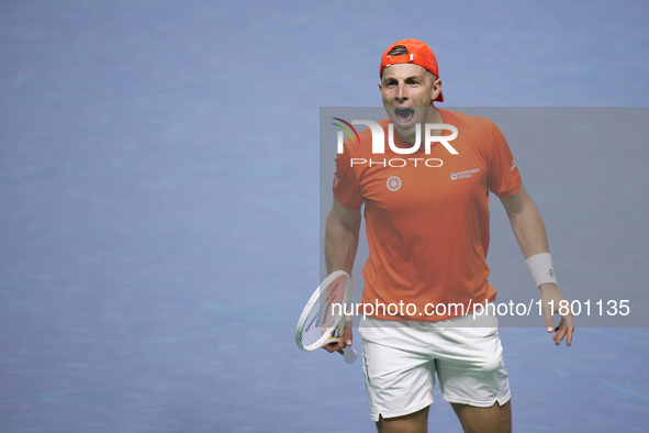 MALAGA, SPAIN - NOVEMBER 22: Tallon Griekspoor of Team Netherlands celebrates a point during his singles match against Jan-Lennard Struff of...