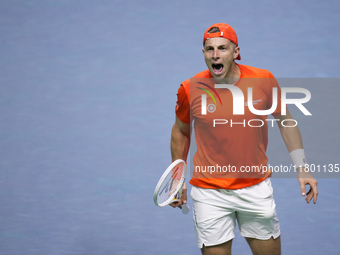 MALAGA, SPAIN - NOVEMBER 22: Tallon Griekspoor of Team Netherlands celebrates a point during his singles match against Jan-Lennard Struff of...